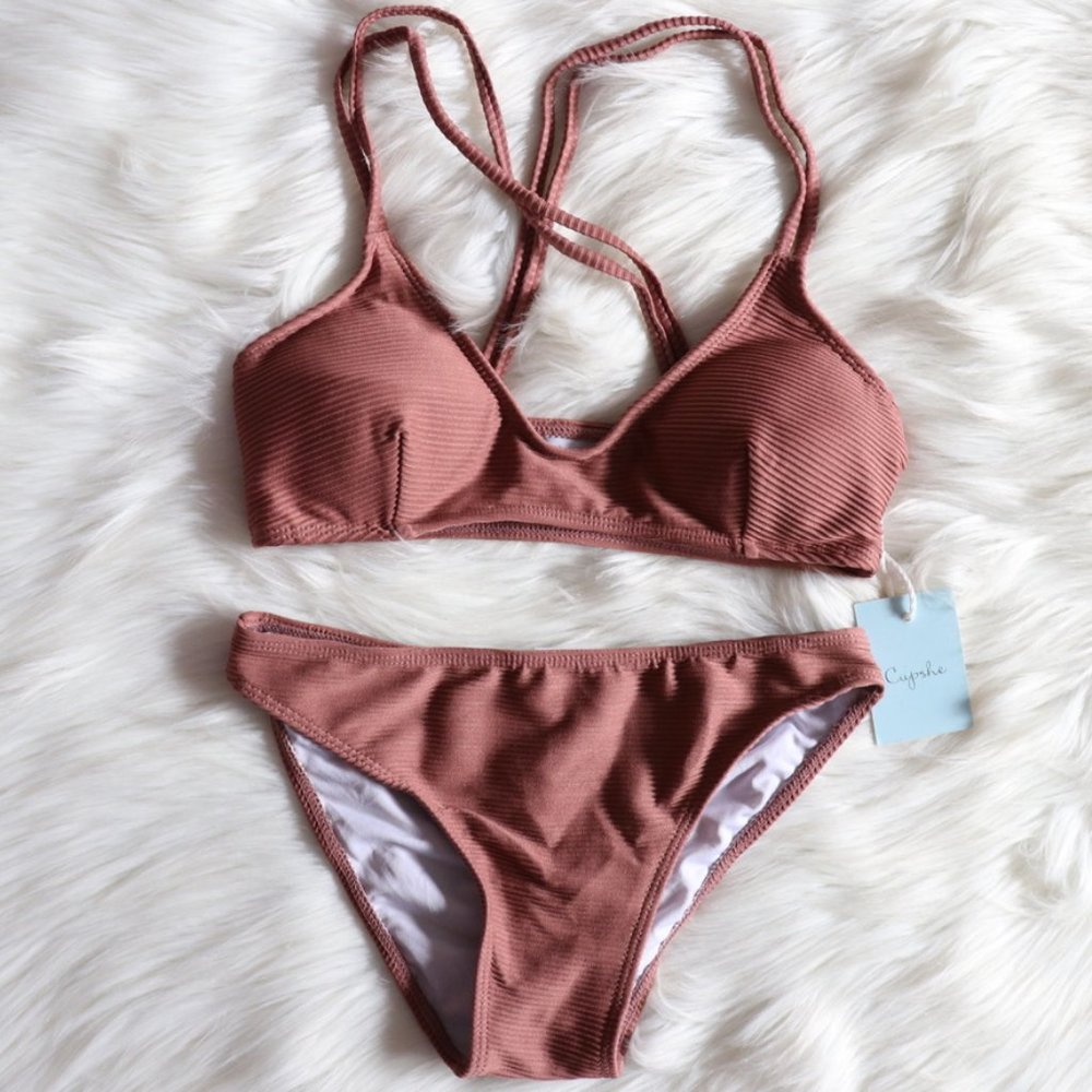 Dusty Rose Ribbed Bikini Set Size Small
